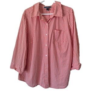 Karen Scott Women's Plus Sz 2XL Orange Gingham 100% Cotton Button Up Shirt Top